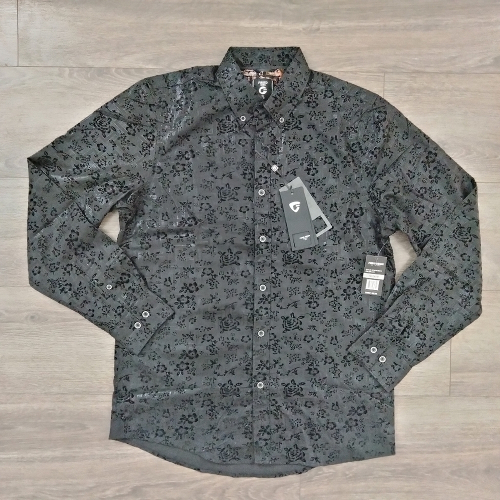 NWT Fried Denim NYC Men’s Button Down Long Sleeve Black Shirt Velvet Floral Sz M